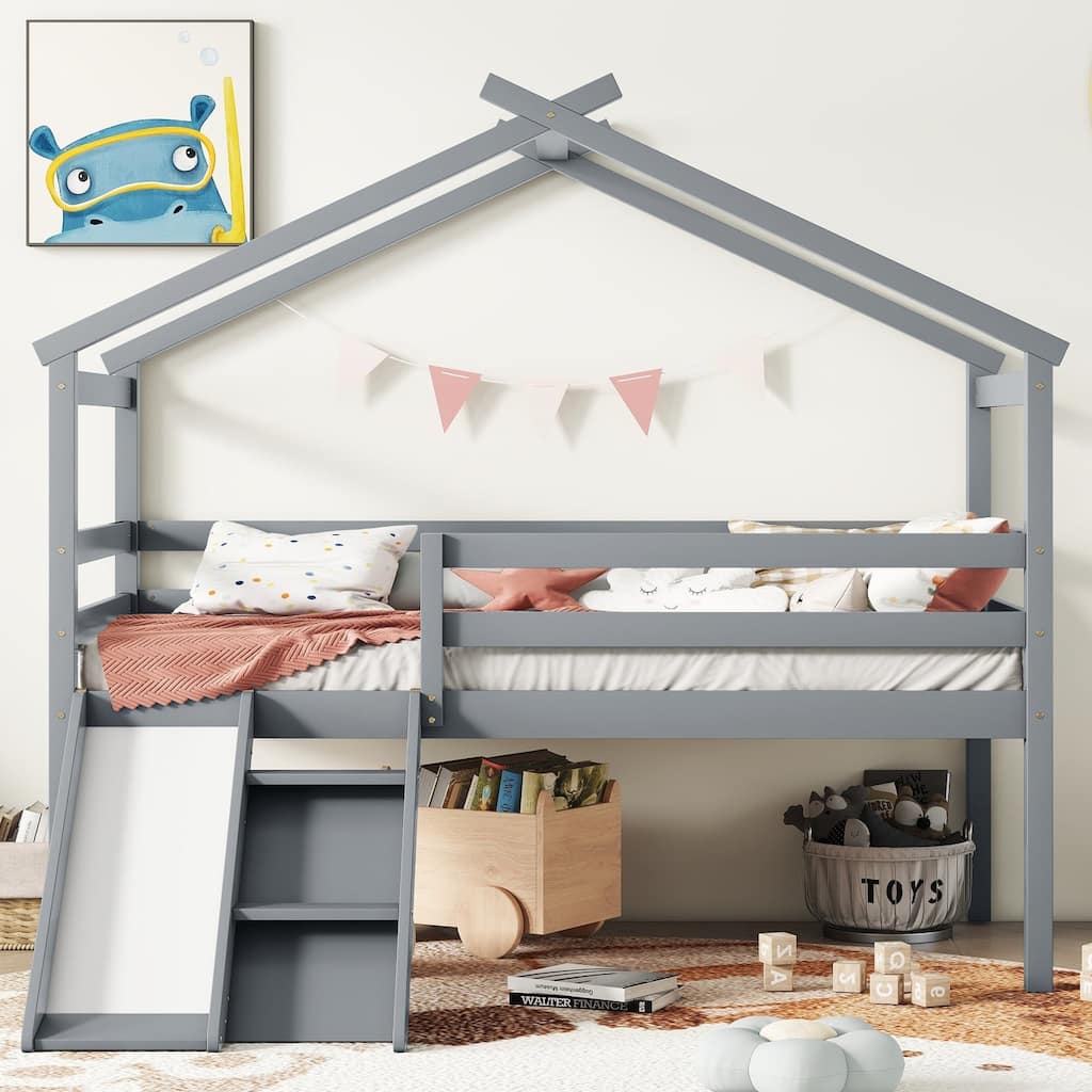 Loft House Bed with Slide Ladder and Safety Guardrails