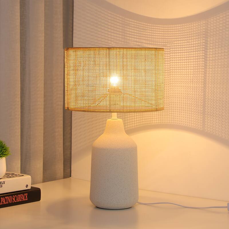 21 in. Boho Ceramic Table Lamp with Ceramic Base and Rattan Shade for Living Room, Bedroom, Dining Room
