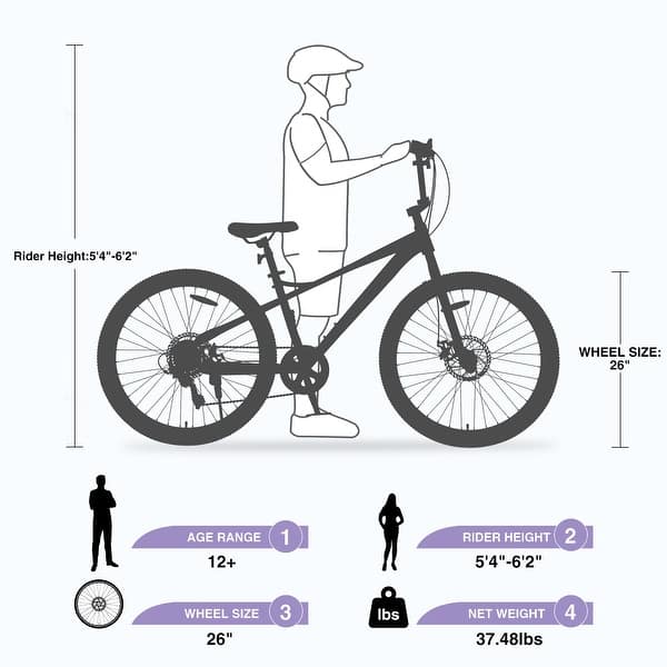 dimension image slide 1 of 4, Freestyle Kids Bike Double Disc Brakes 26 Inch Children's Bicycle for Boys Girls Age 12+ Years