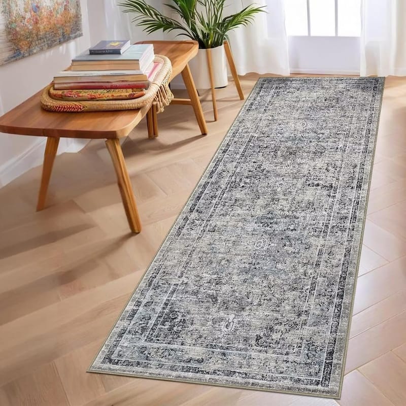 Machine Washable Area Rug Vintage Medallion Rugs Non Slip Low Pile Bedroom Rug - 2'x6' - Blue Gray