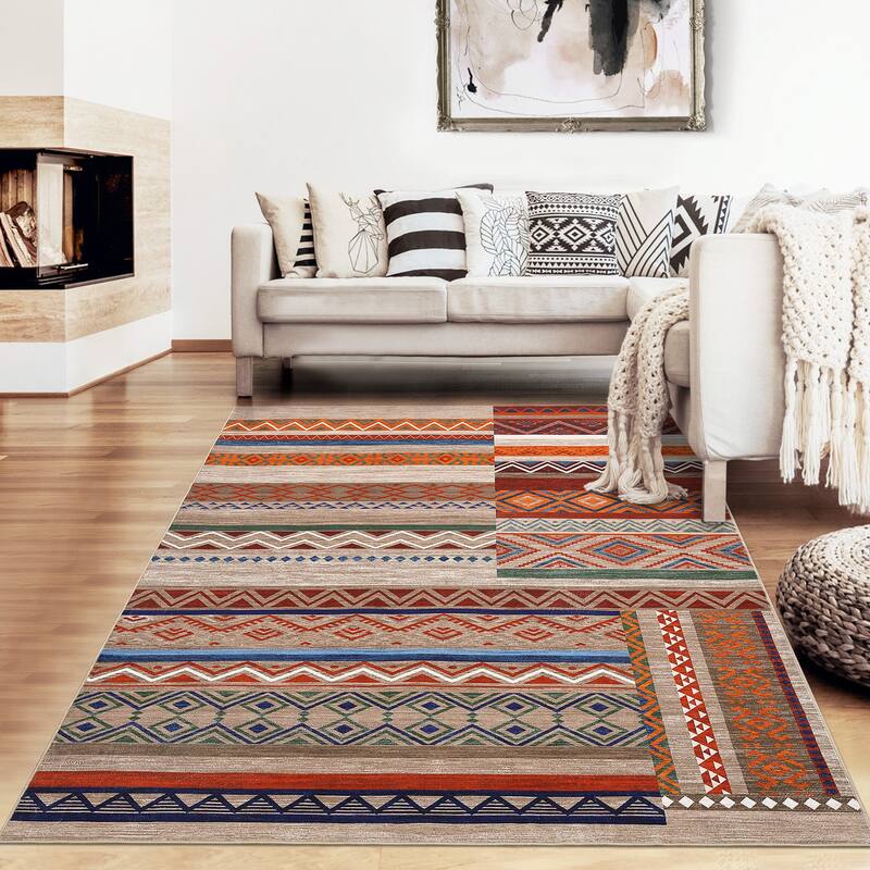 Area Rug Washable Living Room Rugs Vintage Geometric Area Rug Soft Low Pile Non-Slip Area Rug