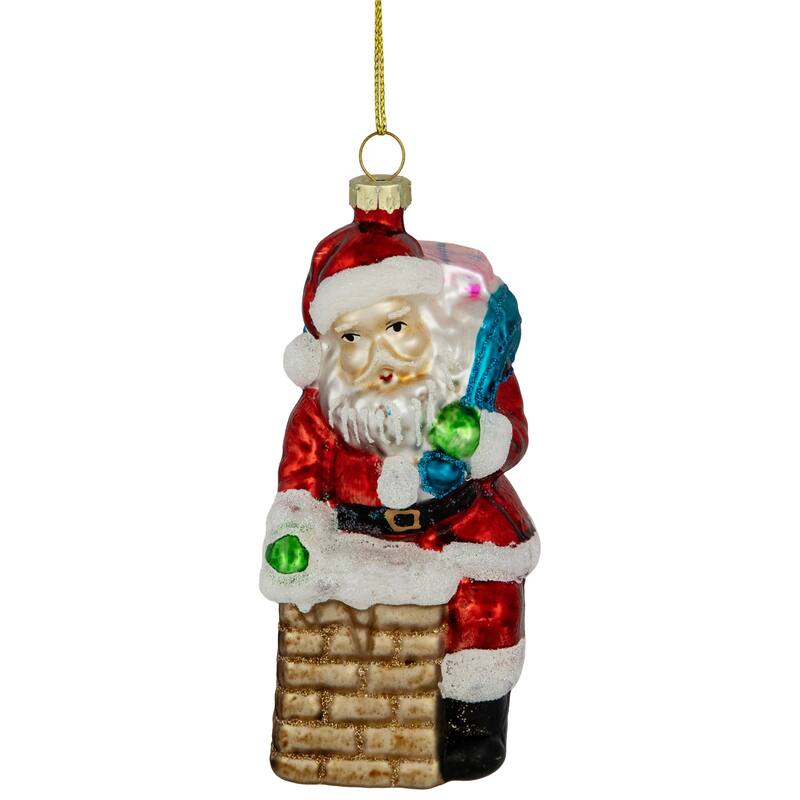 5" Santa Down the Chimney Hanging Glass Christmas Ornament