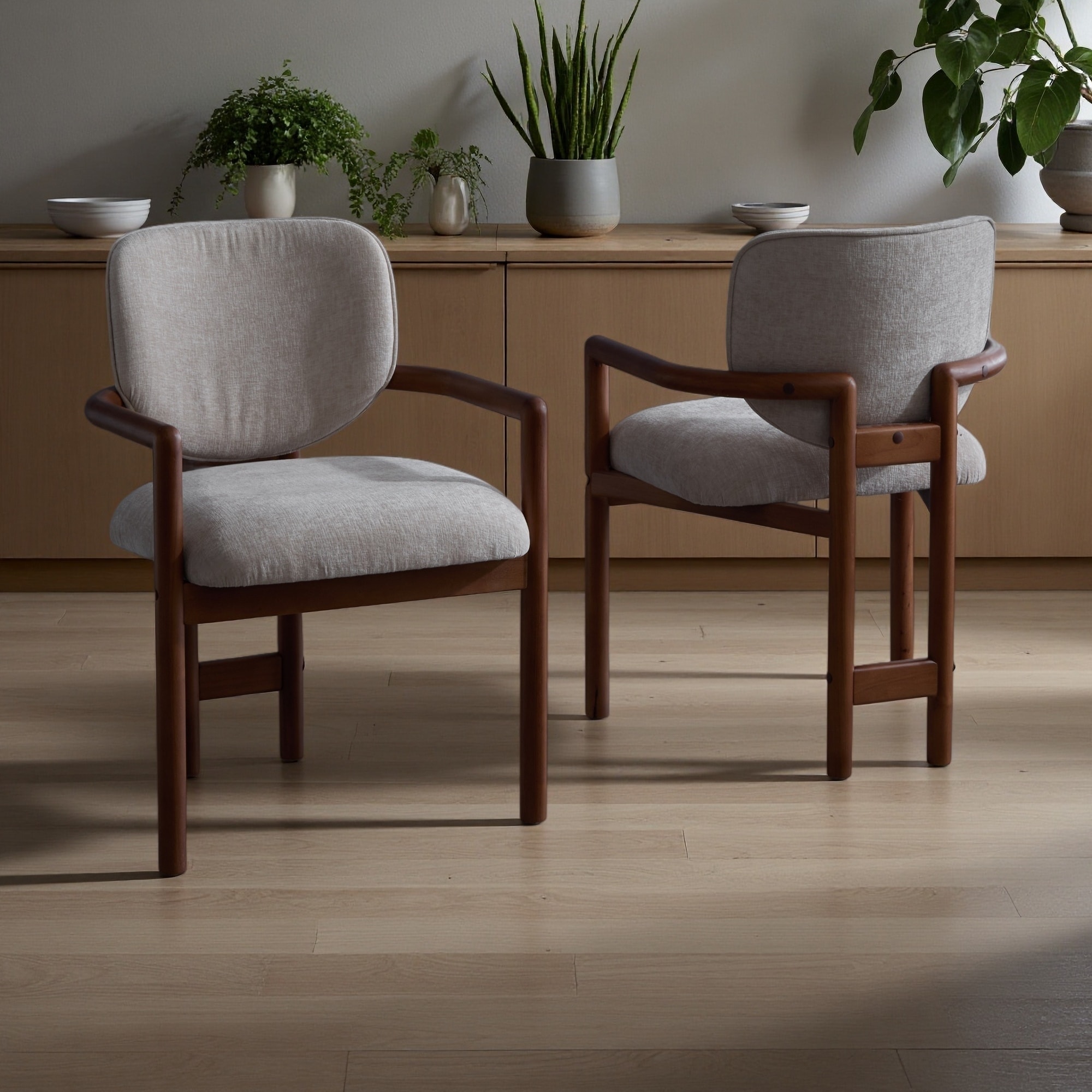 33.8"H Set of 2 Rubberwood Dining Chairs with Armrests & Fabric Seat