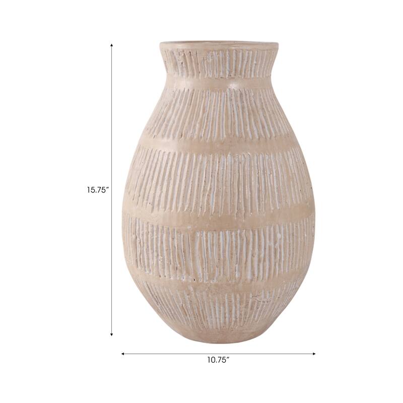 Ceramic Modern Round Flower Vase with Lines - Ivory