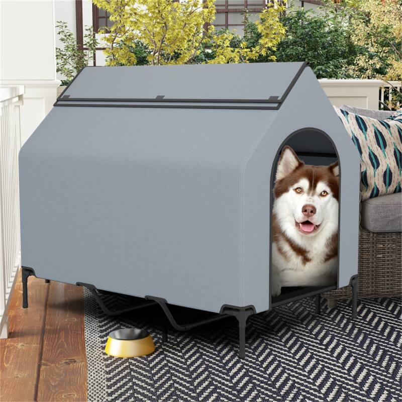Portable Elevated Dog House with Waterproof Canopy and Ventilation Windows, Easy to Clean