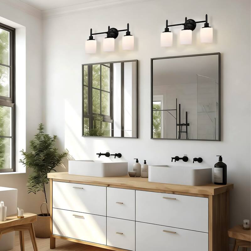 21 in. 3-Light Matte Black Finish Vanity Light with White Glass Shades - 21.6 in. L x 6.75 in. W x 10.6 in. H