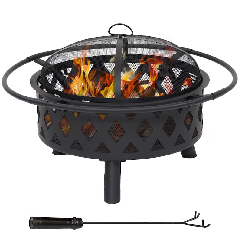 Black Crossweave Wood Fire Pit with Cover, Spark Screen, Grate, and Poker - 30"