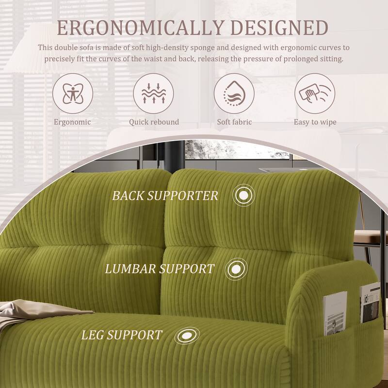 Corduroy Foam Upholstered Loveseat Couch Ergonomic Lounge Sofa with Side Pockets and Solid Wood Frame Soft 2 Seater Sofa