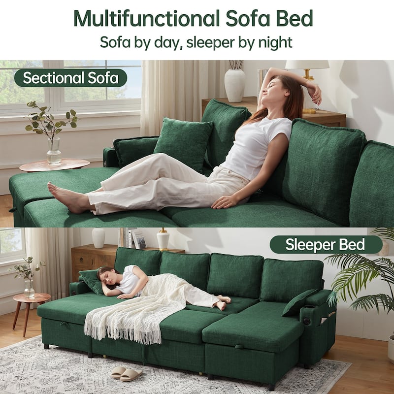 Convertible Sleeper Sofa 3-in-1 Pull Out Sectional Sofa Bed L/U-Shaped Couch with Storage Chaise