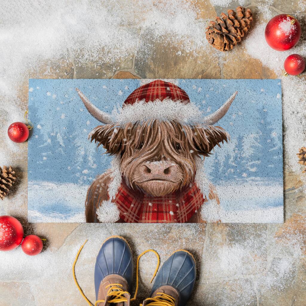 Holiday Highland Cow PVC Door Mat - 28" x 16"