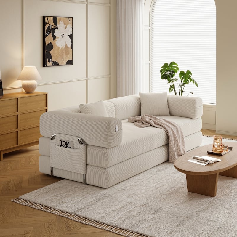 78.8" Floor Standing Sofa Bed Arm Comfort Sofa Bed, Convertible Pudding Block Sofa - Cream