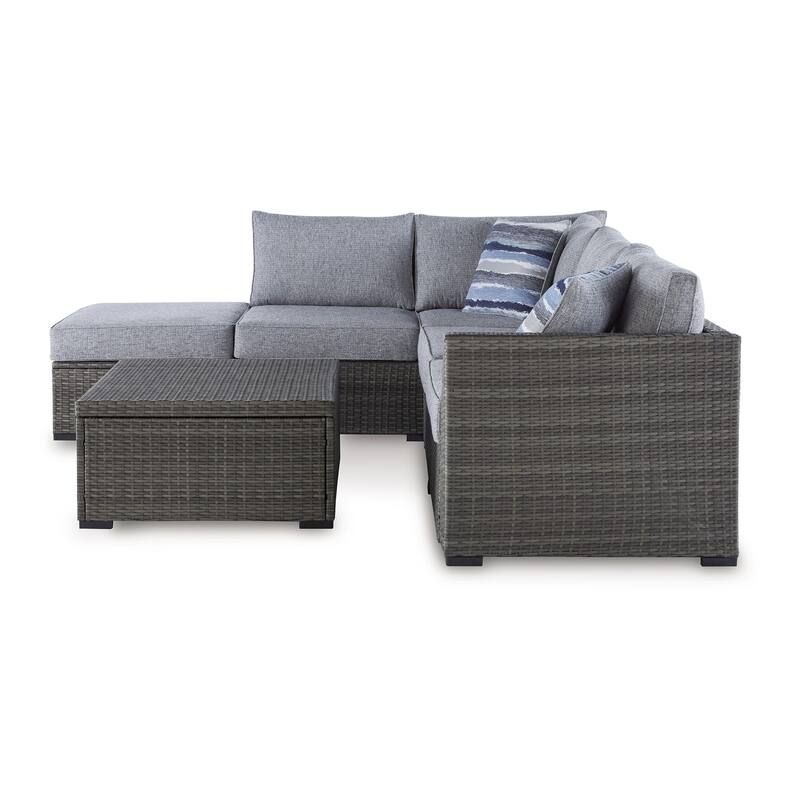 4 Piece Outdoor Sectional Sofa, Chaise, Storage Table, Throw Pillows, Gray