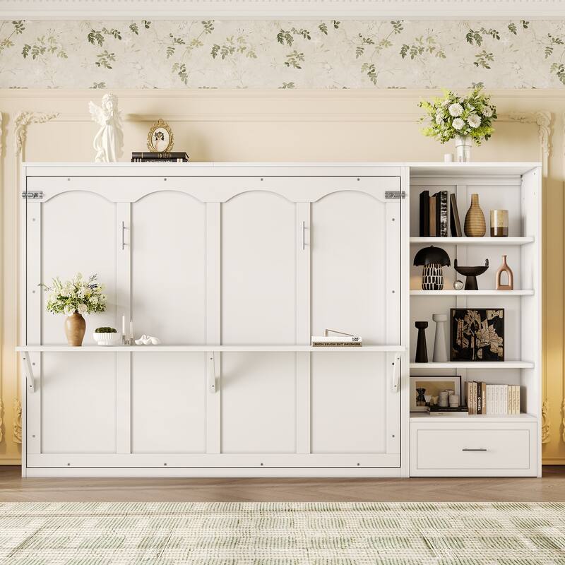Queen Size Murphy Bed with Height Adjustable Storage Compartments and Shelf