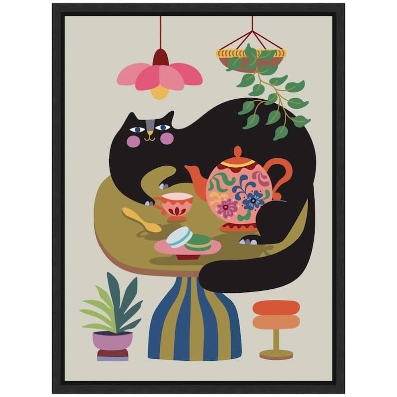 Kate and Laurel Sylvie Fat Cat Tea Party Framed Canvas by Rachel Lee