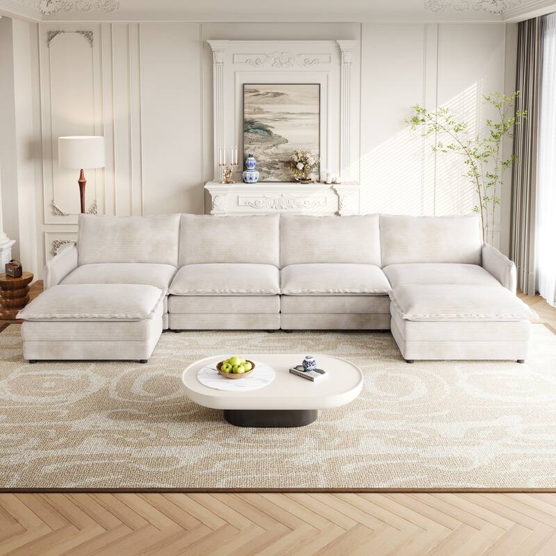 4-Seater Couch with 2 Ottomans, Corduroy Upholstered Cloud Sectional Deep Seat Sleeper Sofa U-Shaped Modular Couch