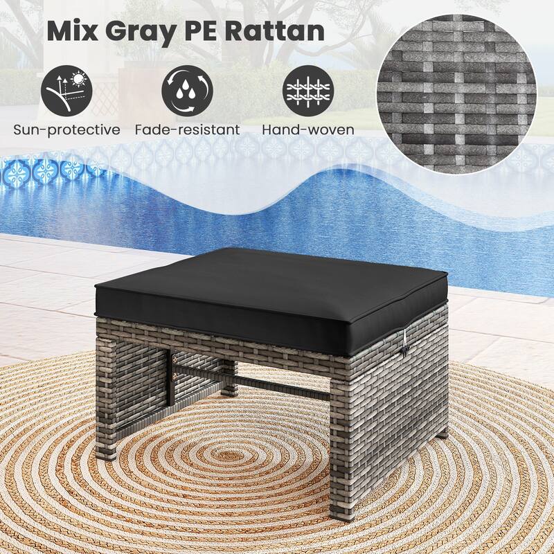 Gymax 2 Pieces Patio PE Rattan Ottomans with Soft Zippered Cushions