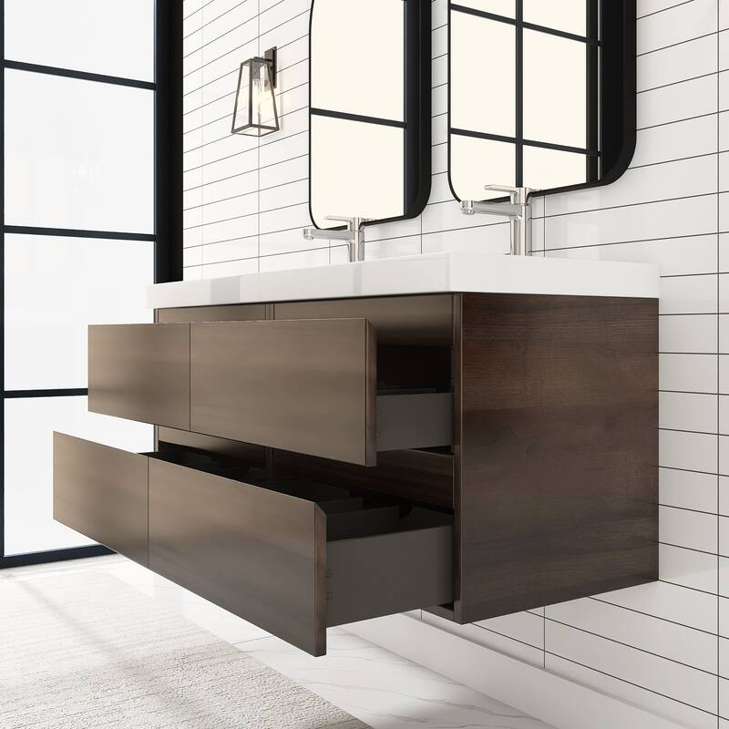 MDF Wall-Mounted Bathroom Vanity Set in Grey Oak with Integrated Culture Marble Sink