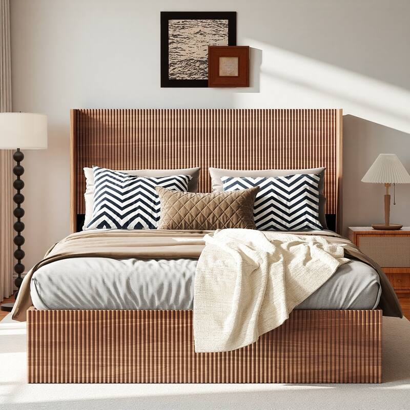 Queen Size Hydraulic Bed Frame with Lift Storage - Walnut