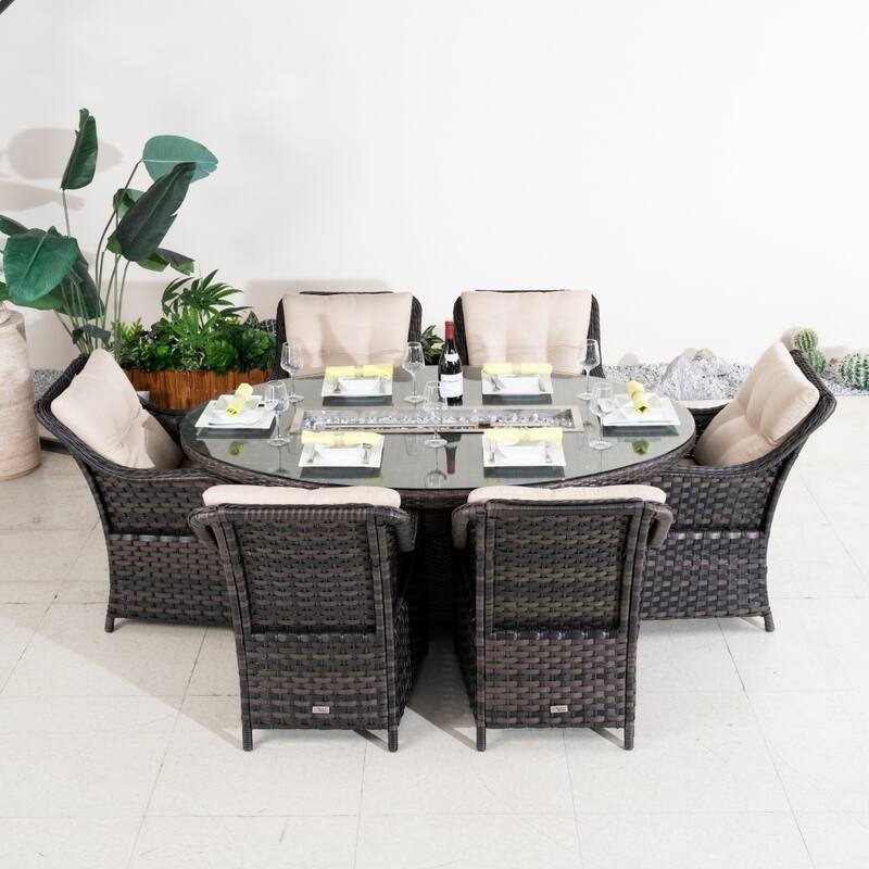 Modern Outdoor Wicker Patio Furniture Set with Oval Fire Pit Table