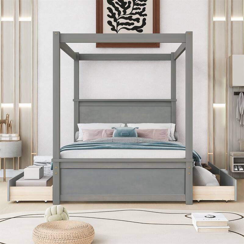 Merax Full Size Canopy Platform Bed with four Drawers