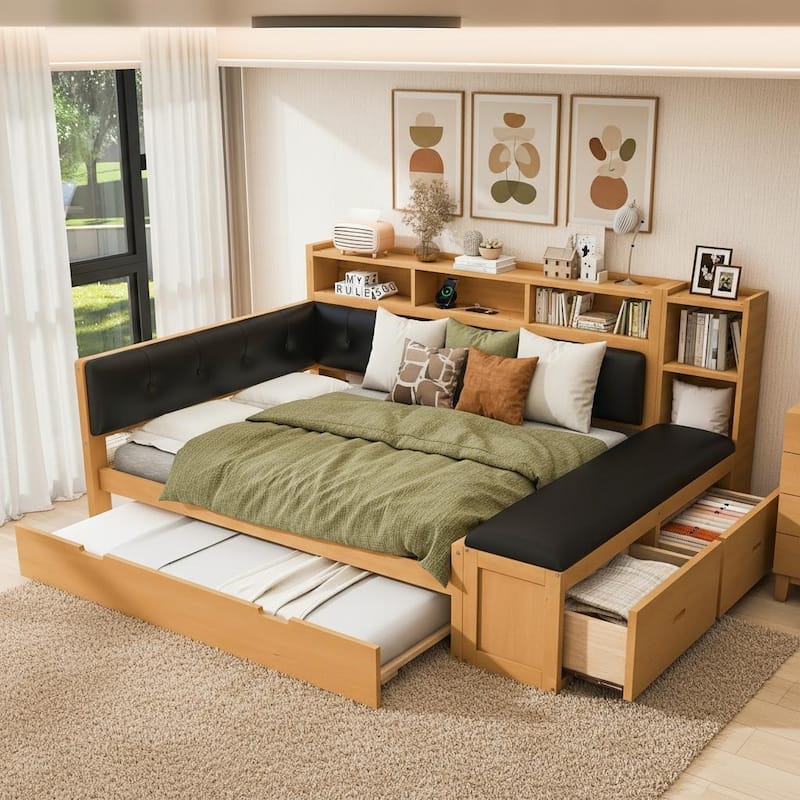 Full Size Wood Daybed with Trundle, Padded Bench, Charging Station, and Upholstered Headboard by Harper&Bright Designs - Black+Natural