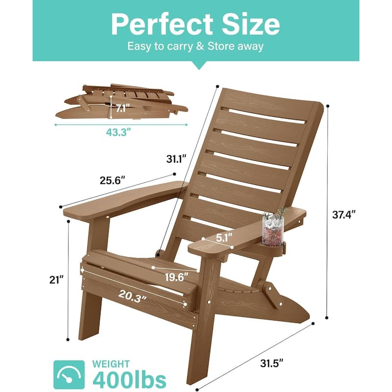 WINSOON HIPS All Weather Folding Adirondack Chairs with Arc Back & Cup Holder Set Of 2