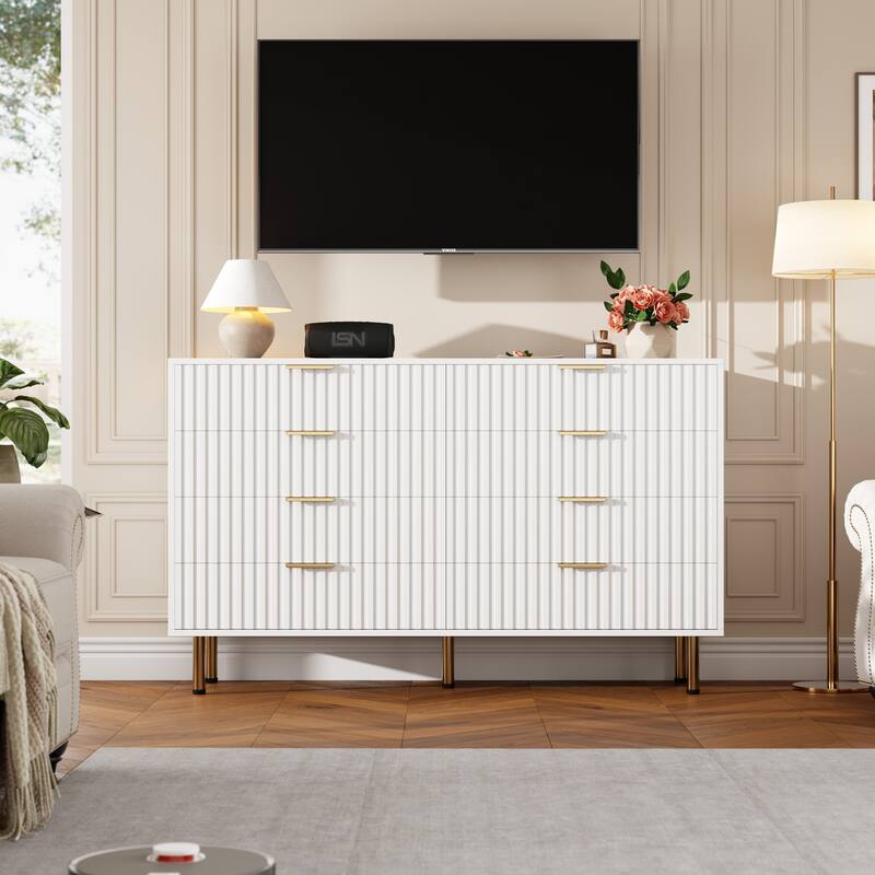Fluted 8 Drawer Storage Dresser, Tall Modern Chest with Ample Deep Drawers and Wide Top