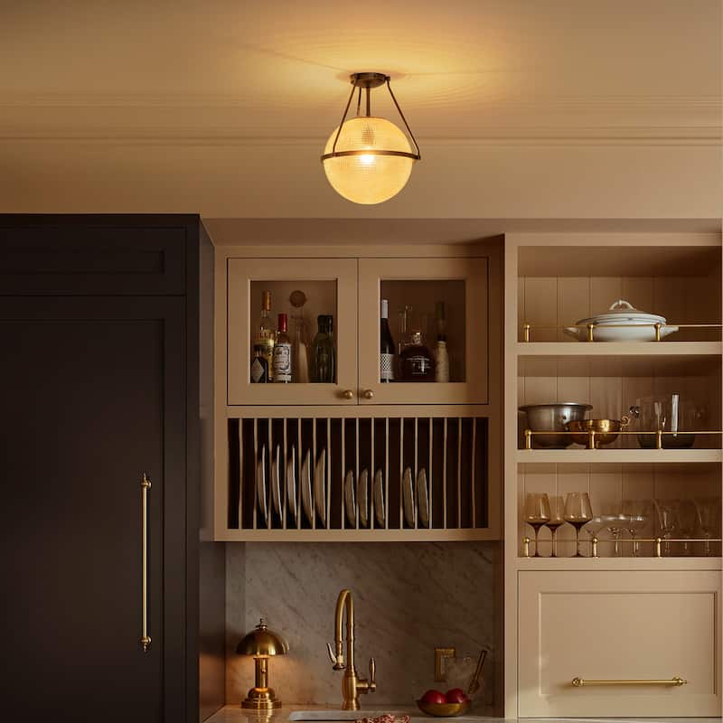 1-Light 14.17" Black/Gold Modern Textured Grid Glass Globe Semi-Flush Mount Light