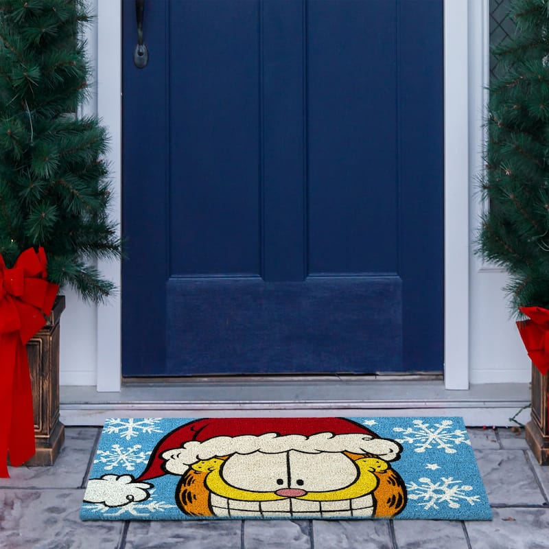Licensed Paramount Garfield Santa Hat and Snowflakes Coir Door Mats, 2PK