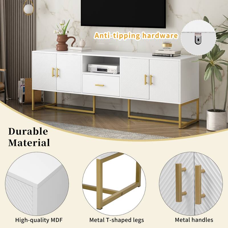 Roomfitters Modern TV Stand for up to 70 Inch TV, Media Cabinet with Drawer, Metal Legs and Safety Features, Black