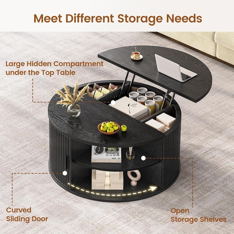 Round Lift Top Coffee Table 180 Grad Curved Sliding Door Living Room