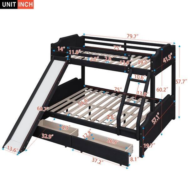 Twin over Full Size Velvet Upholstery Bunk Bed with Two Drawers and ...