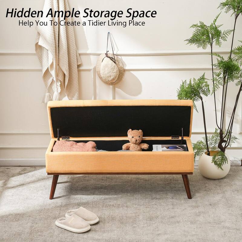 Linen Storage Ottoman Bench with Wood Legs, Upholstered Entryway Bench Tufted Mid Century Modern Ottoman Bedroom End of Bed