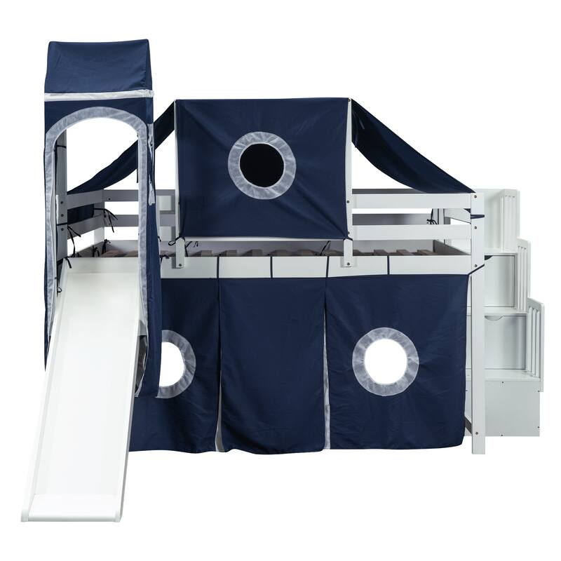 Blue Pine Wood Loft Bed with Storage Staircase and Slide, Tent and Tower, Full-Length Guardrail
