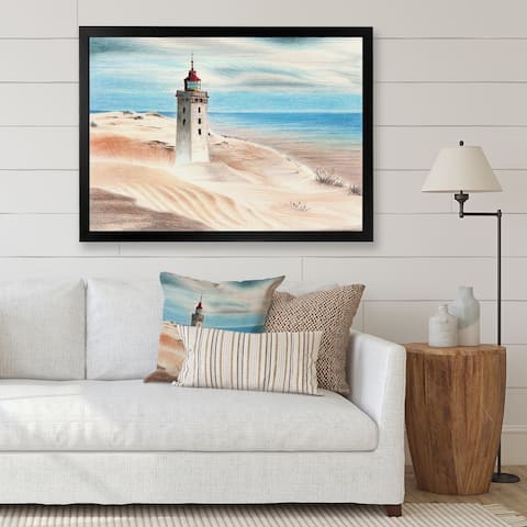 Designart 'Lighthouse By The Blue Ocean' Nautical & Coastal Framed Art Print