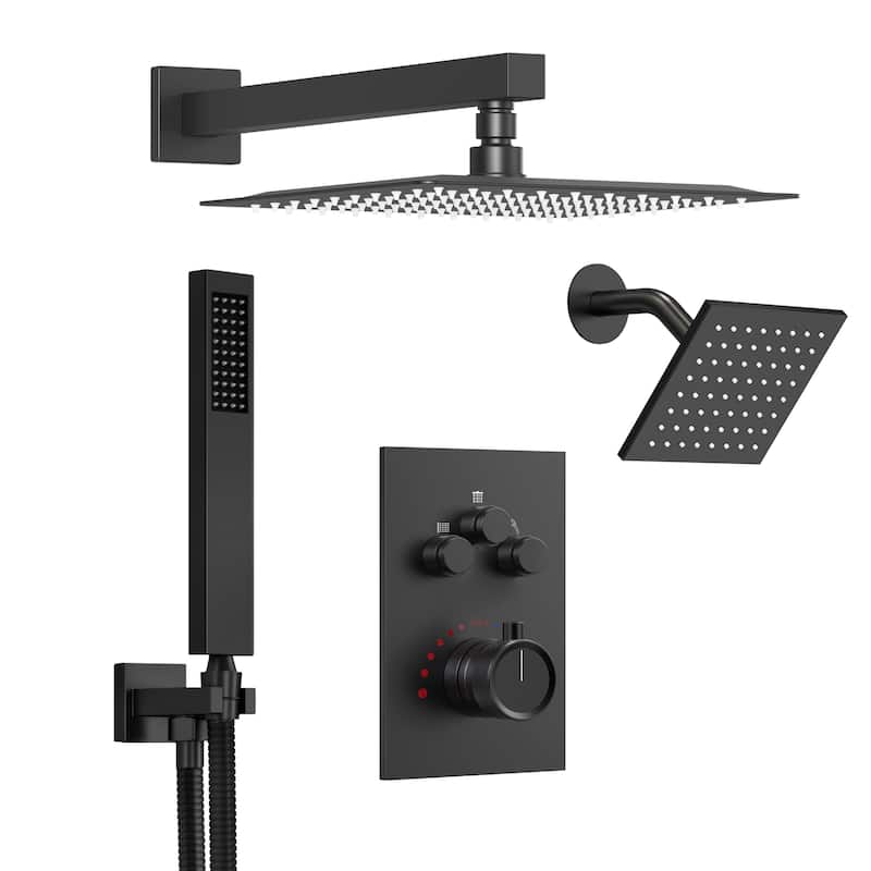 GRANDJOY 3-Function Thermostatic Shower System 12'' Rainfall Shower Head with Anti-Scald Valve - Matte Black