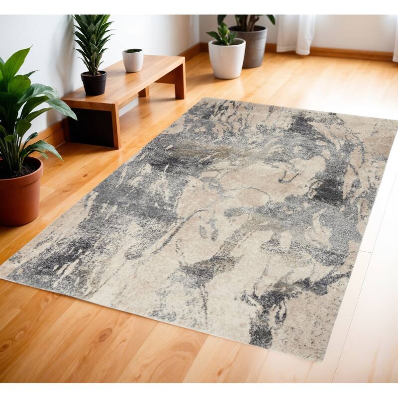 Janey Power Loomed Distressed Abstract Modern Stain Resistant Area Rug By HomeRoots - 72' X '48' X '0.75 - 72' X '48' X '0.75 - Cream - Rectangle