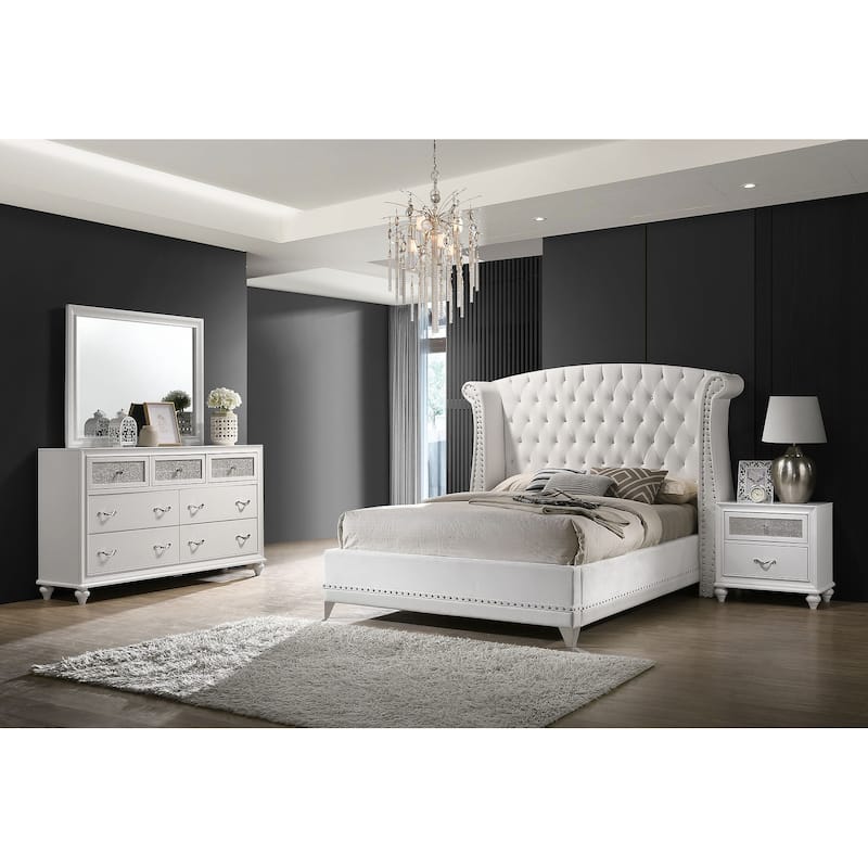 Barzini Upholstered Bedroom Set White with Wingback Headboard - Queen - 4 Piece