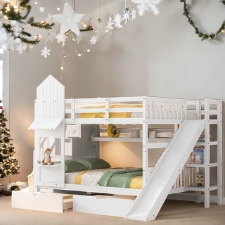 Full-Over-Full Castle Style Bunk Bed with 2 Drawers 3 Shelves and Slide