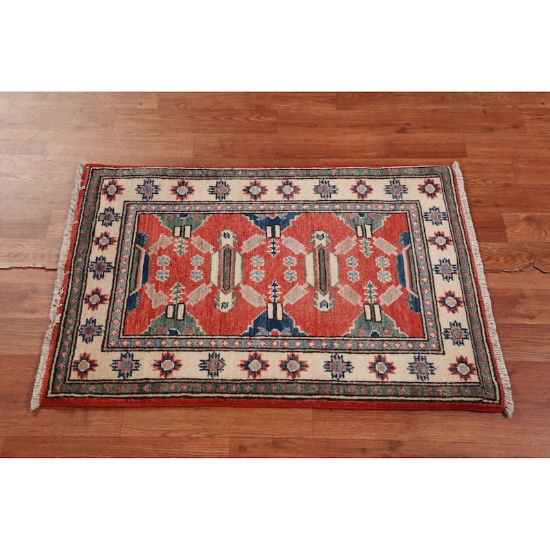 Geometric Kazak Accent Rug Oriental Hand-Knotted Wool Carpet - 2'0"x 3'0"