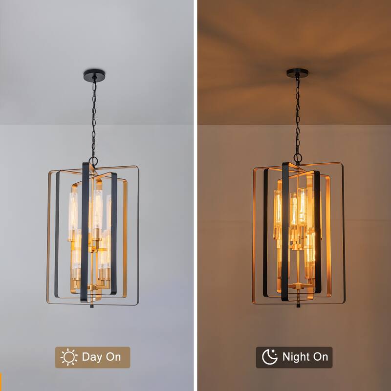 19.7" 8-Light Modern Black Gold Pendant Light with Ribbed Glass Tubes - Dia.19.5-in