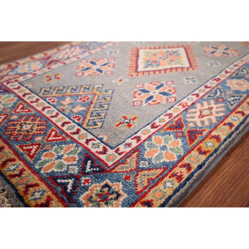 Hand Knotted Oriental 100% Wool Carpet Traditional Geometric Greys & Charcoal Kazak Area Rug - 3' 1'' X 2' 0''