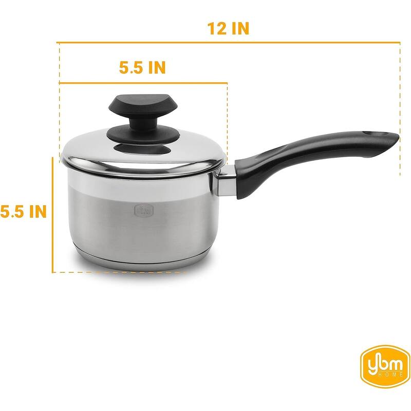 YBM Home Professional Chef’s 18/10 Stainless Steel Sauce Pot Covered Tri-Ply Capsule Base With Handle, Induction Compatible
