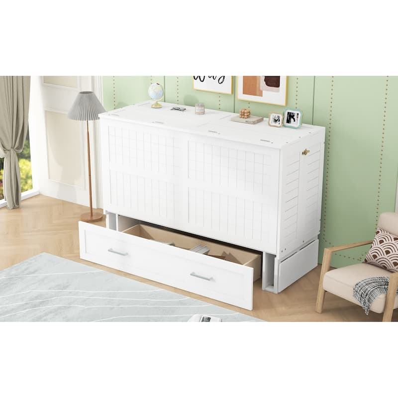 Queen Pine Murphy Bed with Drawer & Bedside Shelves, Space-Saving Design