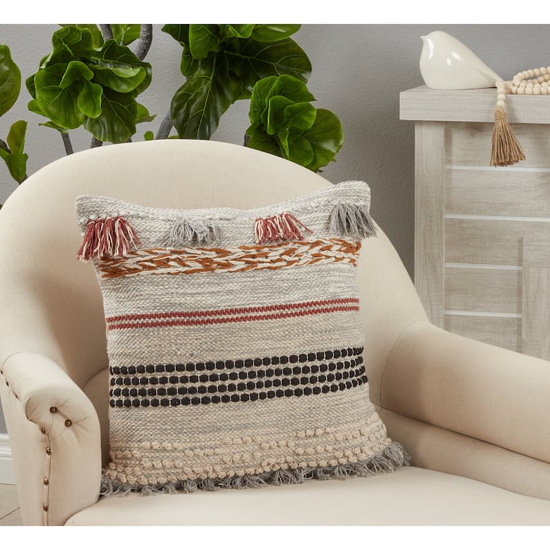 Throw Pillow With Fringe Woven Design, 20"x20"