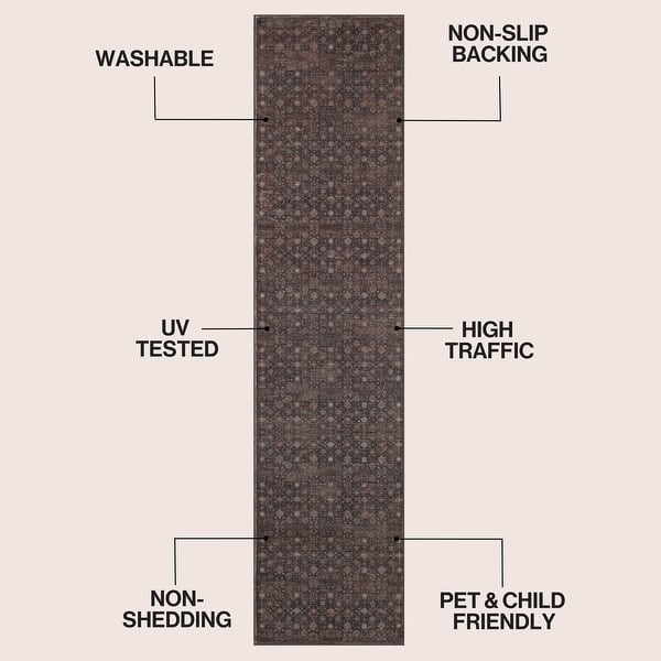 dimension image slide 9 of 13, Petunia Distressed All-Over Floral Border Non-Slip Machine-Washable Rug
