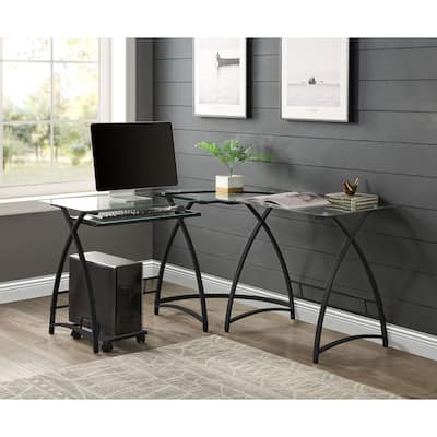 Modern L-Shaped Round Corner Glass Writing Computer Desk with Keyboard Tray, 51 Inch PC Laptop Writing Gamer Workstation