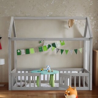 Twin Size Wooden Bed with Safety Fence, House-shaped Bed with Door, Platform Bed with Frame For Kids, Grey Wash