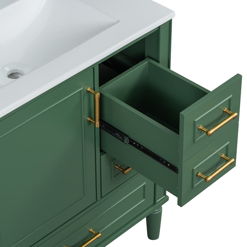 30" Freestanding Single Sink Storage Cabinet Bathroom Vanity with Gold Handles, Groove Decoration and Overflow Drain Protectio