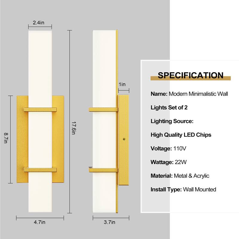 Set of 2 Modern Minimalist Gold Wall Sconces